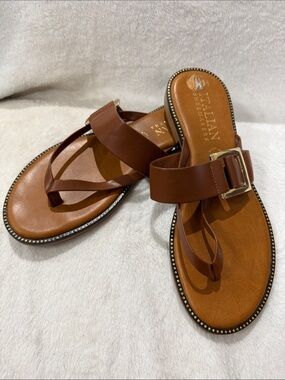 Italian Shoemakers Cognac Brown Leather Buckle Thong Sandals